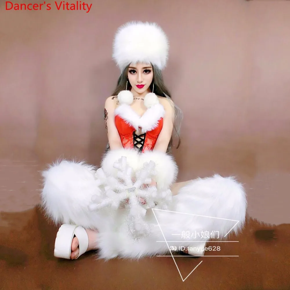 Nightclub Bar New Year DS Female Singer DJ Red White Fur Body Suit Performance Costume Pole Jazz Dancewear Set Clothes Outfits |