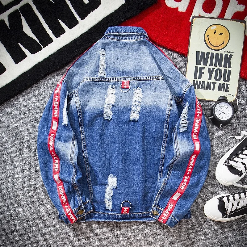 Джинсовая куртка мужская с дырками уличная одежда из денима свободная