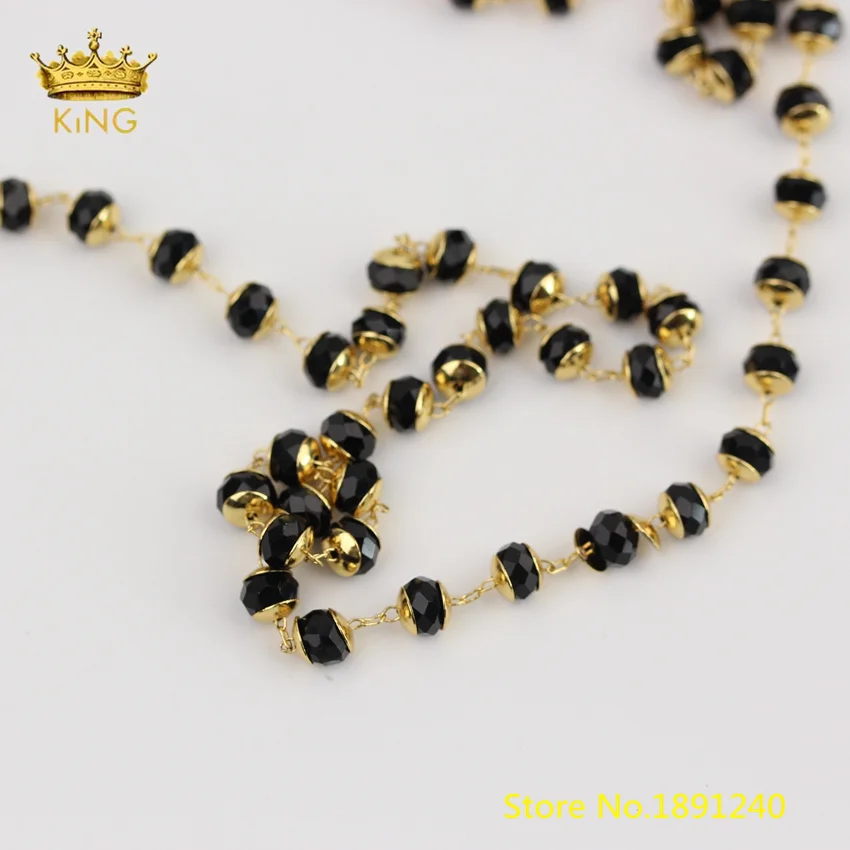 

5meters Black Glass Chains Jewelry Making Chokers,4x6mm Double Copper Tray Wire Wrapped Faceted Glass Beads Chain Crafts LS-LT60