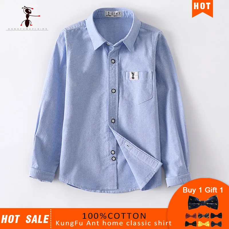 Кунг Фу АНТ 2019 лето осень Мальчики белая синяя блузка хлопок школьная рубашка