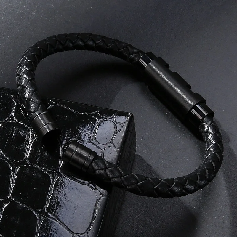 Черный кожаный плетеный браслет в стиле панк из нержавеющей стали мужской и