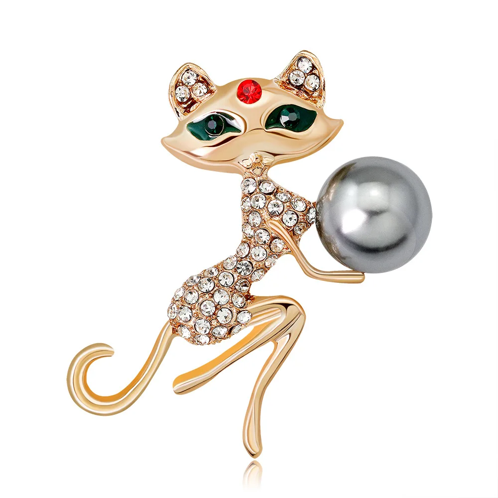 

Fashion Alloy Rhinestone Brooch imitation pearl cat trendy cute crystal animals pins and brooches for women clothes pins metal