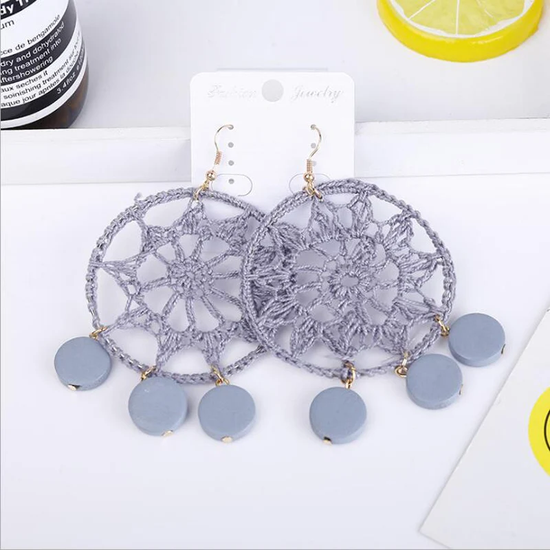 gray Вязать Dream Catcher серьги Для женщин падение круглые деревянные серьги аксессуары ювелирные изделия Лидер продаж волна Bijoux D 6 см большие девочки подвески - Окраска металла: gray