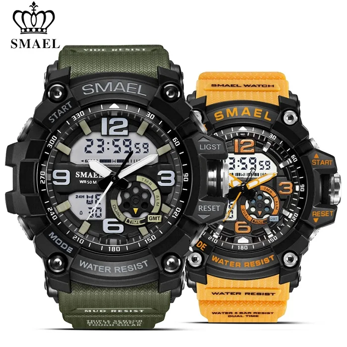 ArmyGreen Orange SMAEL 2 шт./компл. Водонепроницаемый спортивные часы Для мужчин военный Часы с двойным табло Для женщин цифровые часы автоматические механические часы - Цвет: ArmyGreen Orange