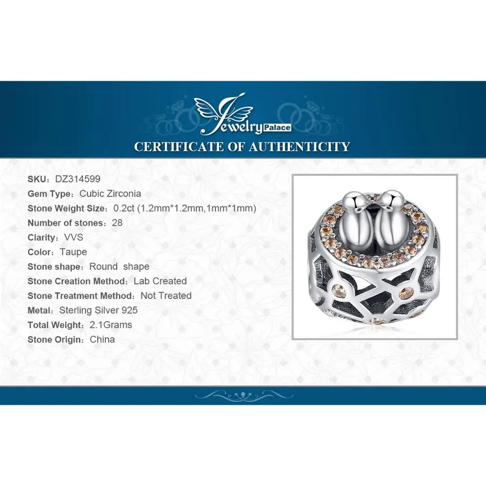 JewelryPalace 925 пробы серебро шампанское кубический ZirconiaTwo любовь птицы и гнездо Шарм