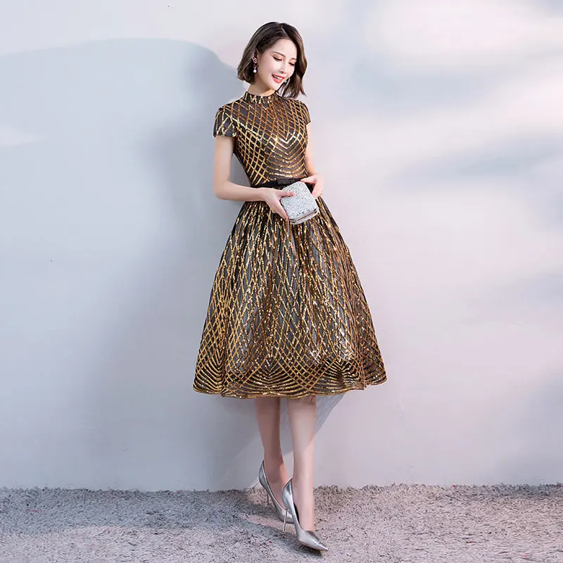 FADISTEE Новое поступление вечернее платье для выпускного вечера Vestido de Festa вечернее платье с высоким воротом с золотым узором Кепка с блестками Короткие стильные