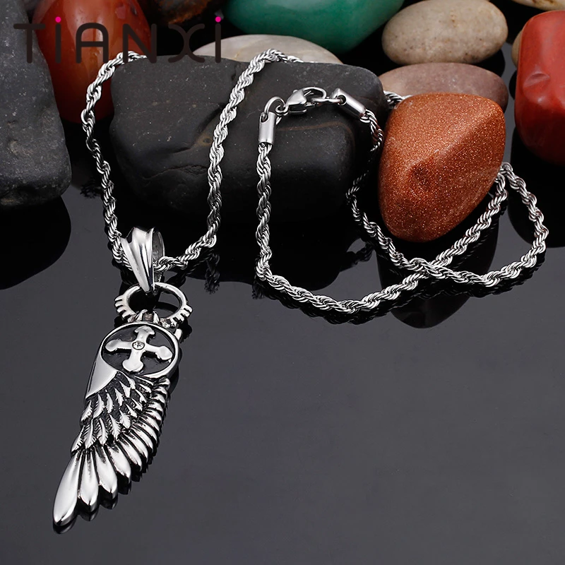 TIANXI Vintage Feather Necklace For Men Stainless Steel Cross Pendant Male Free Shipping Jewelry Boy Friend | Украшения и
