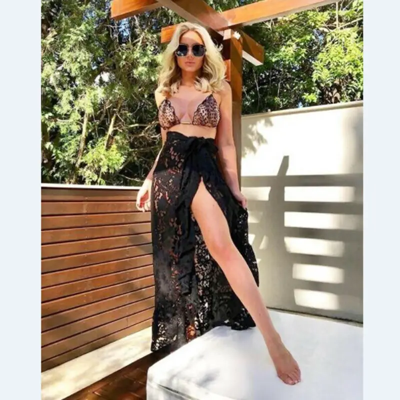 Женское бикини прозрачная длинная Пляжная накидка летняя сплит юбка черный