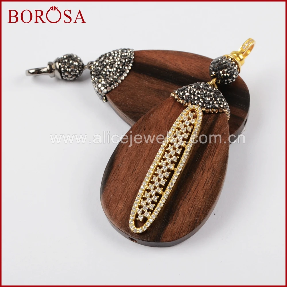 BOROSA Crystal Rhinestone Pave Pure Silver Color Sander Wood Drop Pendant Drusy Bead Fashion Jewelry JAB768 | Украшения и