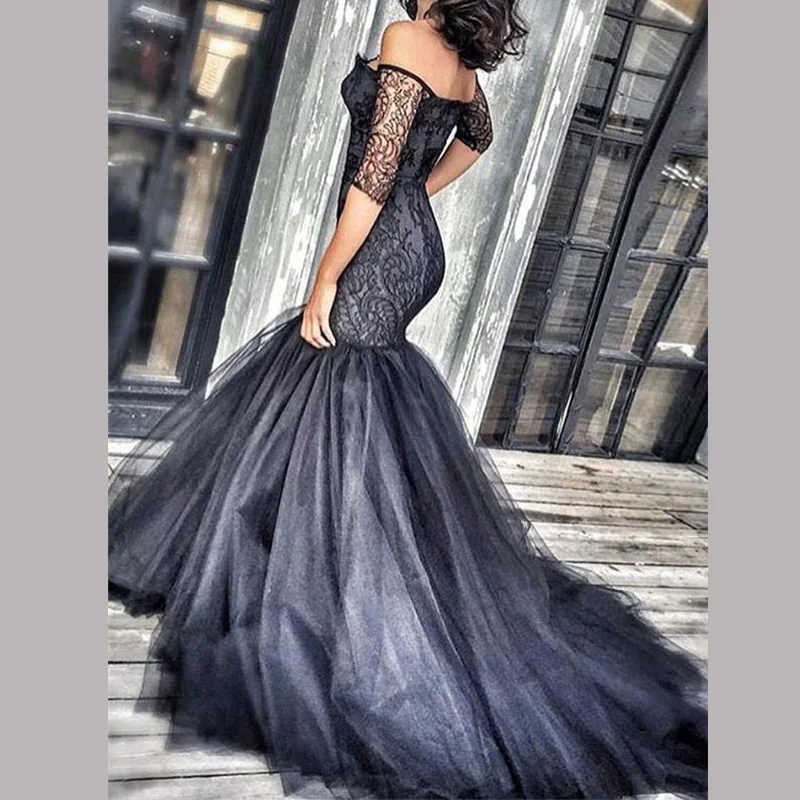 Фото Black New Court-Train Mermaid Tulle Prom Gowns Off-the-shoulder Half-Sleeves Lace Evening Floor-Length Formal Dresses Женская одежда Black New Court-Train Mermaid Tulle Prom Gowns Off-the-shoulder Half-Sleeves Lace Evening Floor-Length Formal Dresses Женская одежда