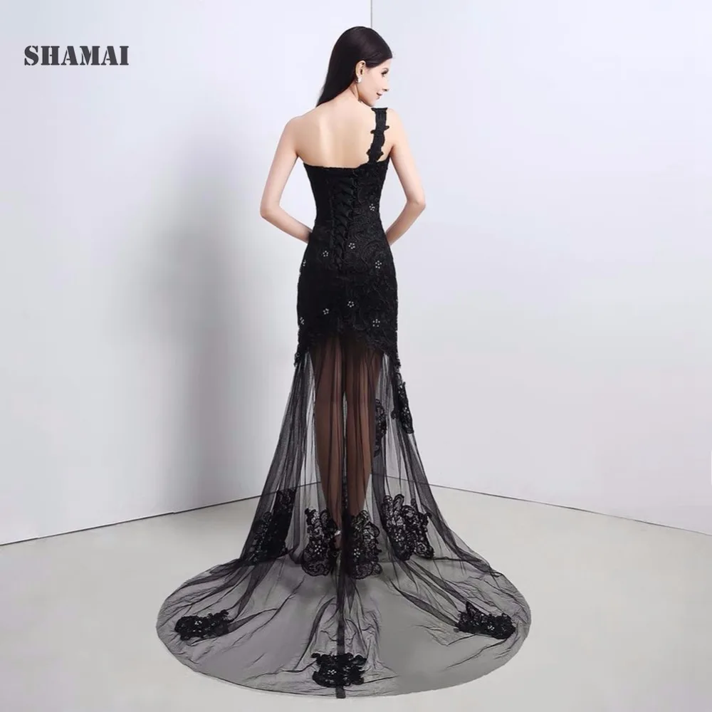 Элегантное романтическое черное платье SHAMAI длинное официальное на одно плечо