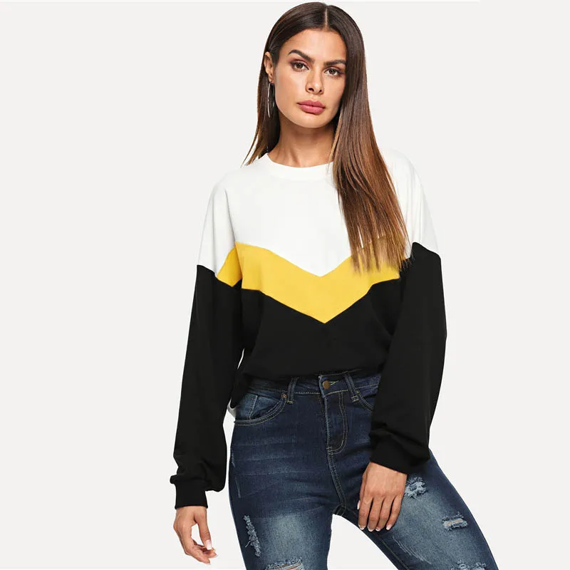 SweatyRocks Athleisure Cut And Sew цветной пуловер с длинным рукавом Топы Новая Осенняя женская одежда повседневные толстовки