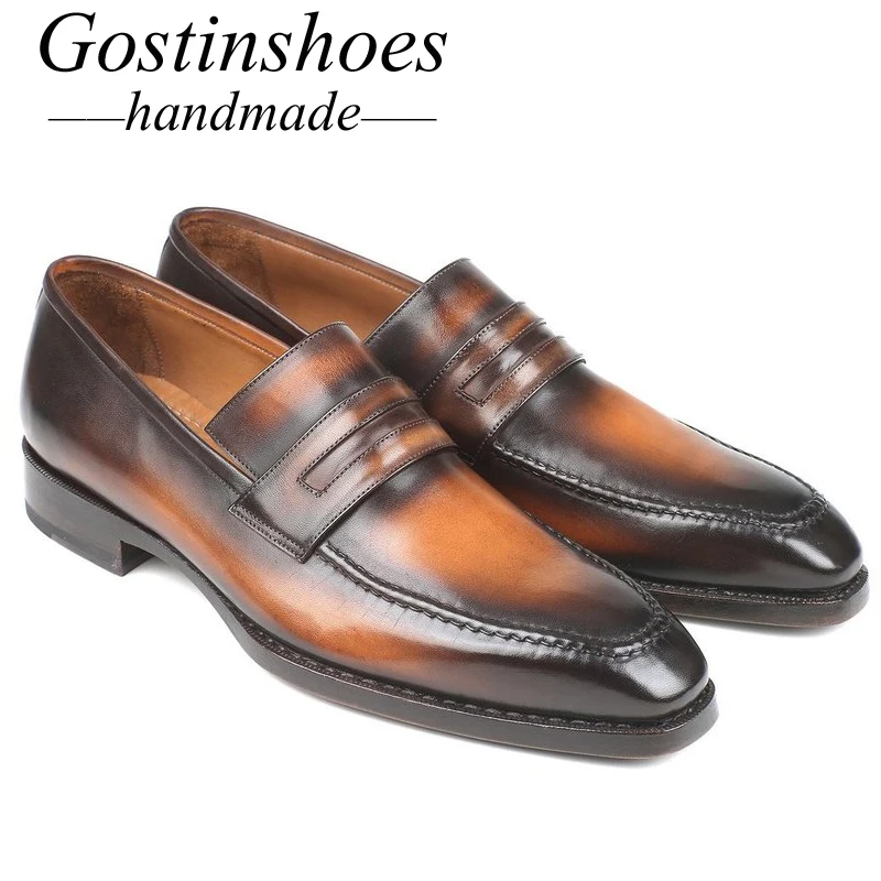 GOSTINSHOES/Роскошные мужские мокасины ручной работы коричневого цвета, расписанные вручную, без шнуровки, из натуральной кожи, Goodyear, повседневная мужская обувь, SCT02