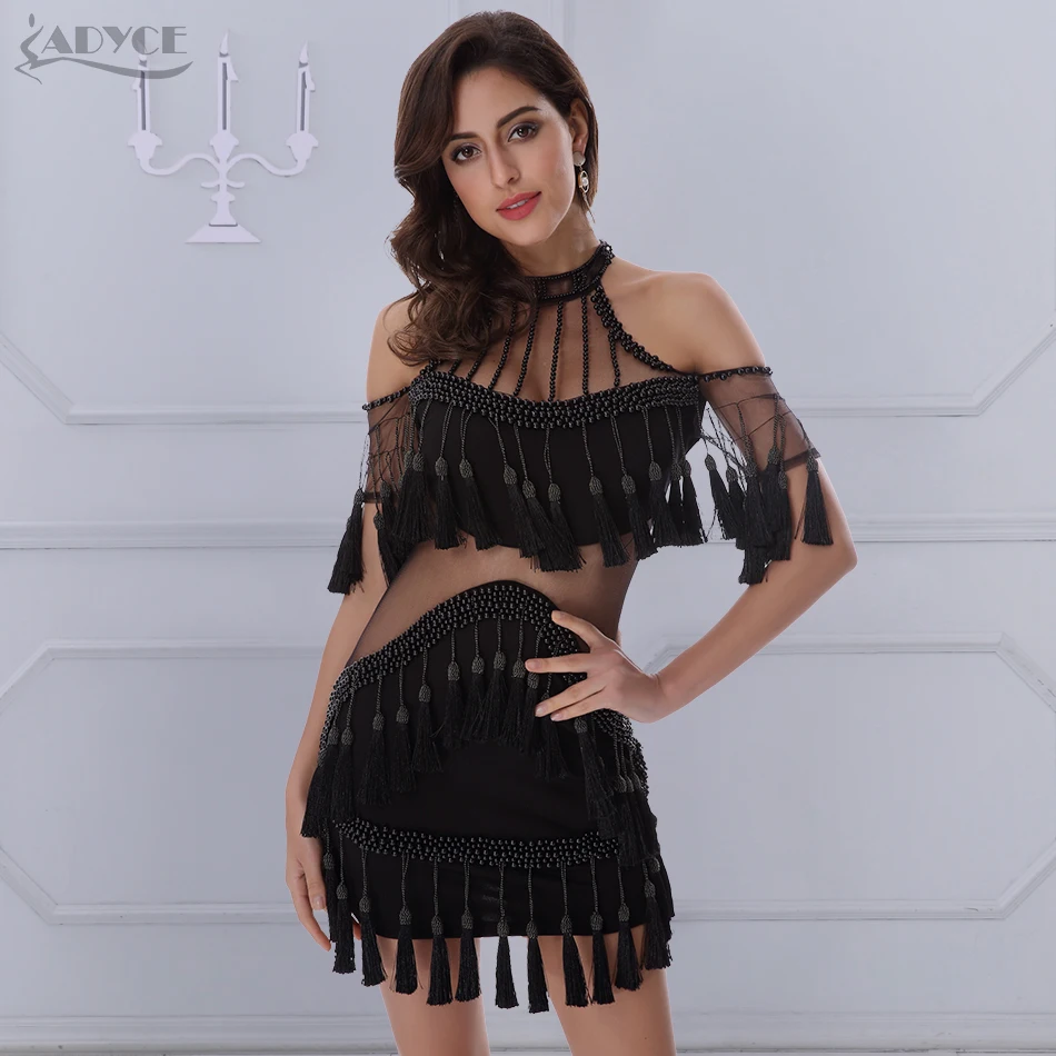 Женское вечернее платье черное с коротким рукавом и кисточками|dresses sexy dress|runway
