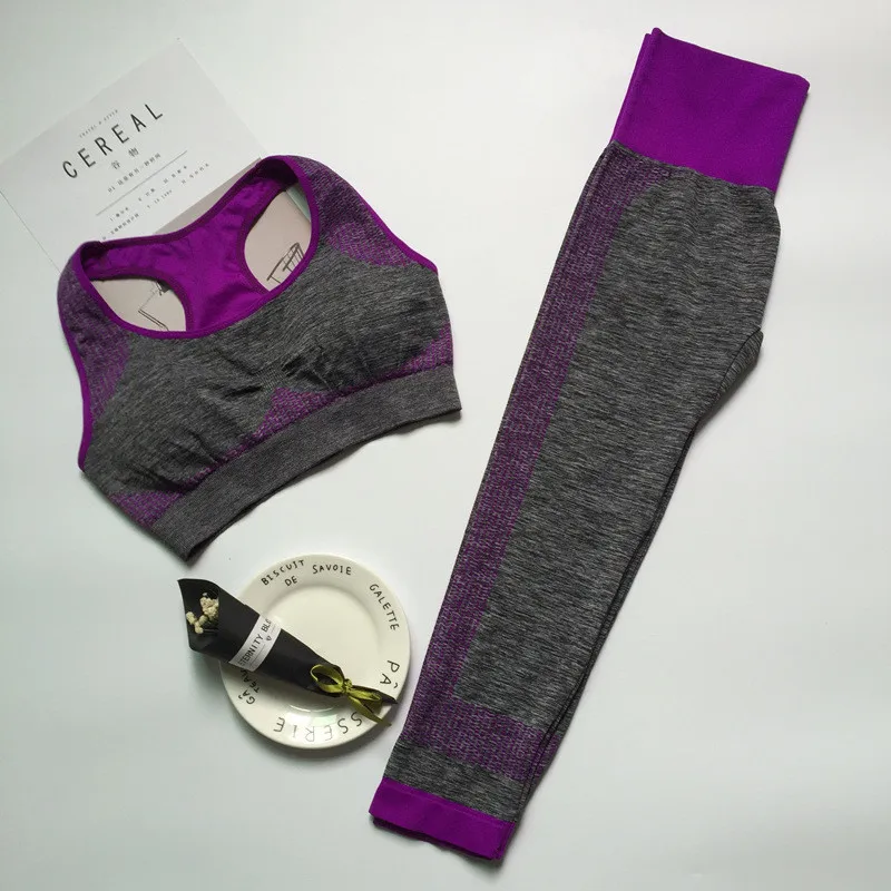 Purple Женский комплект для йоги, одежда для спортзала, однотонные бесшовные леггинсы+ спортивный топ, бюстгальтер, спортивный костюм для тренировок, Женский комплект с длинным рукавом для фитнеса, одежда для активного отдыха - Цвет: Purple