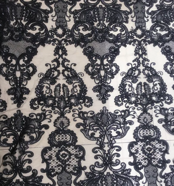 Gold Lace Black and Ivory Color Corded Wedding Lace Fabric with Sequins - 1 Yard/lot Sequins Embroidered Lace Fabric image 6