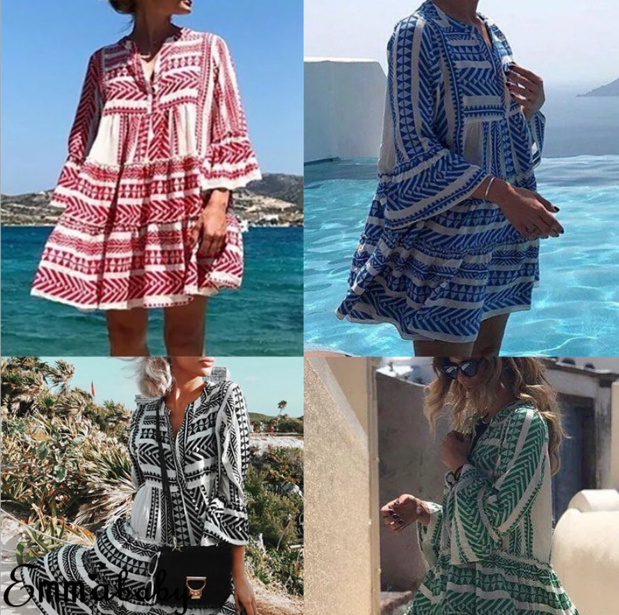Для женщин Цветочный сарафан Boho Лето V образным вырезом праздник Пляж с длинным рукавом Короткие мини платье