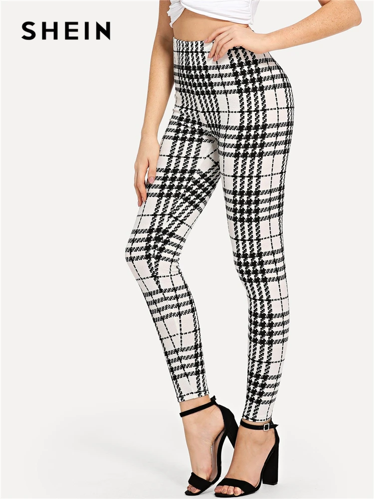 SHEIN черные и белые офисные женские клетчатые обтягивающие повседневные леггинсы с высокой талией, летние женские элегантные леггинсы, брюки