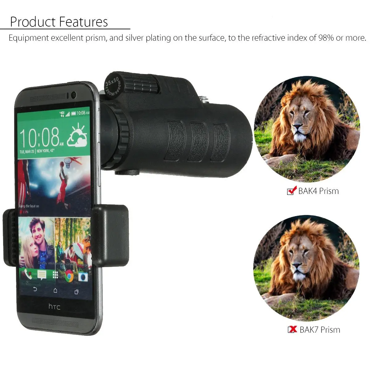 35x50 HD зум дополнительный Монокуляр охота кемпинг телескоп BAK4 объектив для смартфонов с держателем телефона