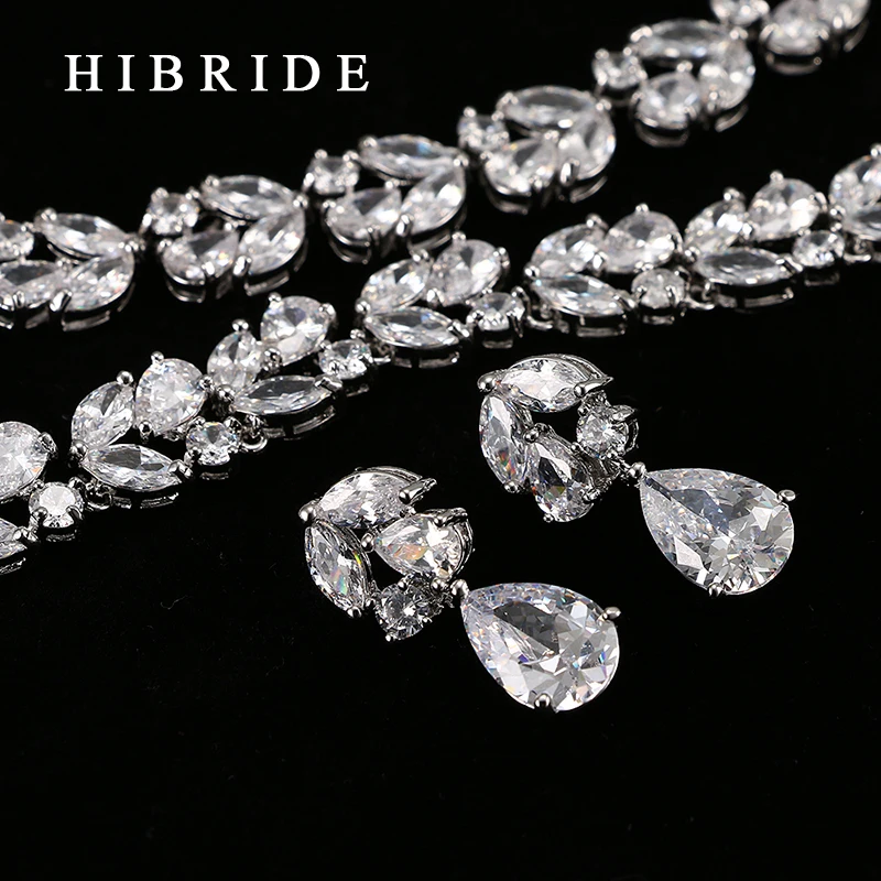 

HIBRIDE Jewelry Top Quality Rhodium Color Weddings Party Jewelry Sets,Leaf Shape AAA Cubic Zircon Earrings Necklace Sets S-24