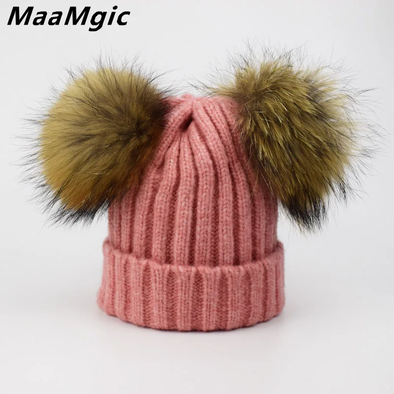 

2018Real Fur Pompom Hat Women Winter Caps Knitted Wool Cotton Hats Two Pom Poms Skullies Beanies Bonnet Girls Female Cap Gift