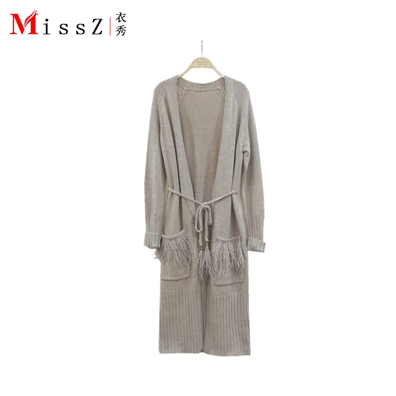 Fall new slender fringed beads thin cardigan long knitted cashmere female