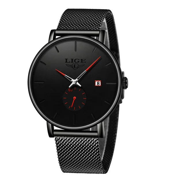 Black red Новинка, LIGE, золотые, повседневные, с сетчатым ремешком, модные, кварцевые, золотые, мужские часы, Топ бренд, Роскошные, водонепроницаемые часы, Relogio Masculino - Цвет: Black red