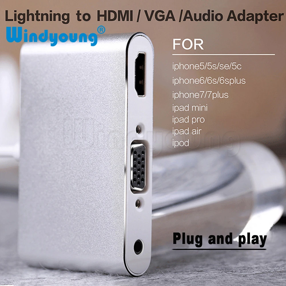 Новейший серебристый алюминиевый сплав для lightning hdmi vga jack аудио конвертер адаптер