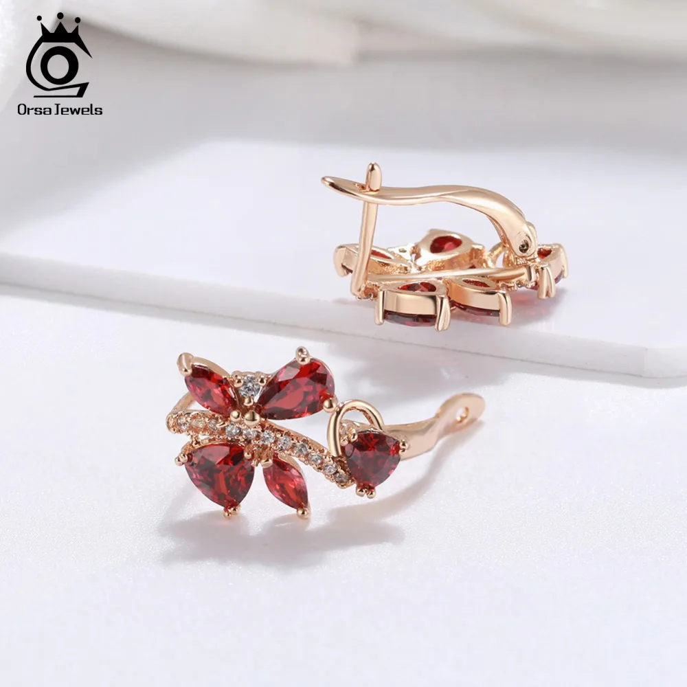 ORSA JEWELS, элегантные женские серьги-гвоздики, зазубренная установка, Красный AAA кубический циркон, модные вечерние серьги, ювелирные изделия для женщин, OME56-R