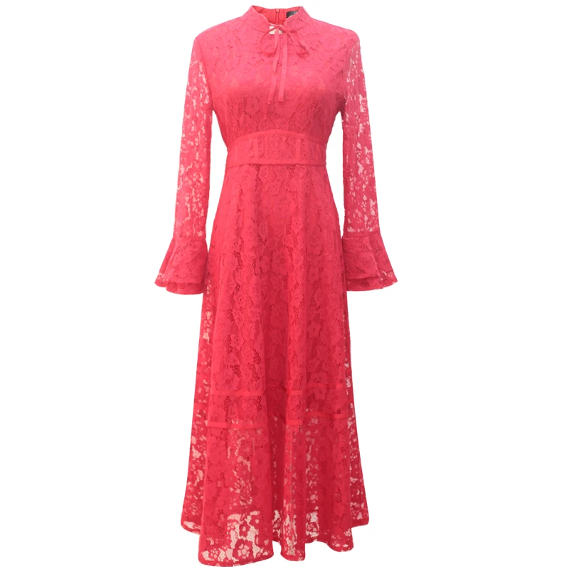 PLUS SIZE woman dress summer spring high quality floral pattern red lace flare sleeve stand collar calf length 5XL | Женская одежда