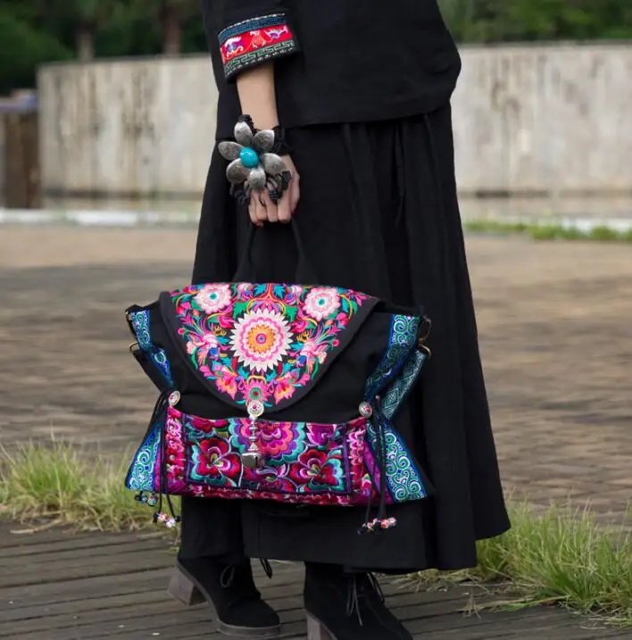 Женская винтажная сумка мессенджер с вышивкой в этническом стиле Boho Hmong для