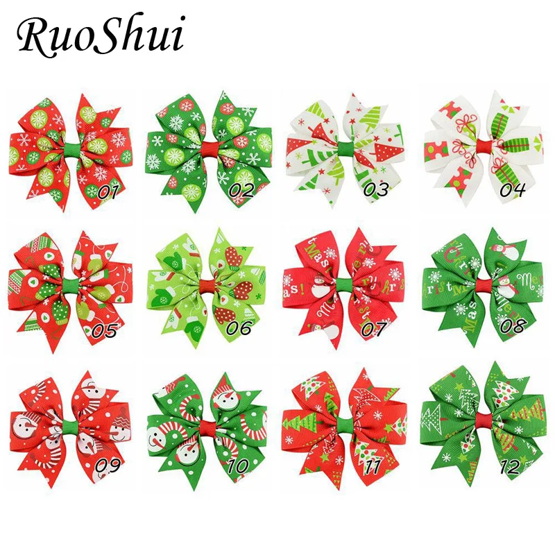 

1PC 3.1Inch Grosgrain Ribbon Christmas Hair Bows Green Red Printed Santa Claus Snowflake Bowknot Hair Accessories for Girls Kids