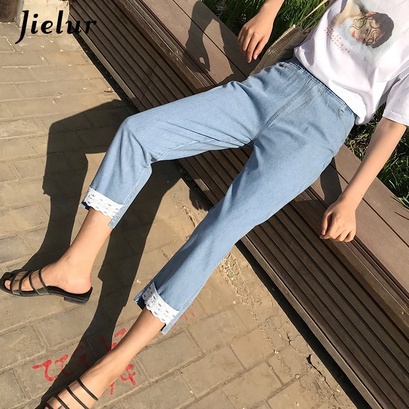Jielur Chic S 5XL Kawaii кружево джинсы Mujer 2020 в Корейском стиле короткие синие с высокой
