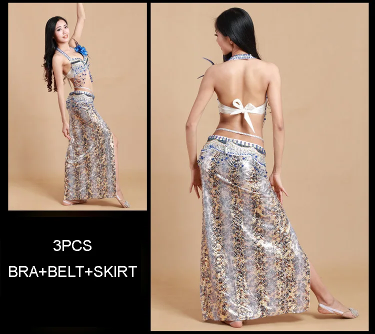 3pcs White SIYOU костюм для танца живота Одежда для танцев Индийский Болливуд танец живота платье ткань топ бюстгальтер+ Ceinture бедра пояс+ юбка - Цвет: 3pcs White