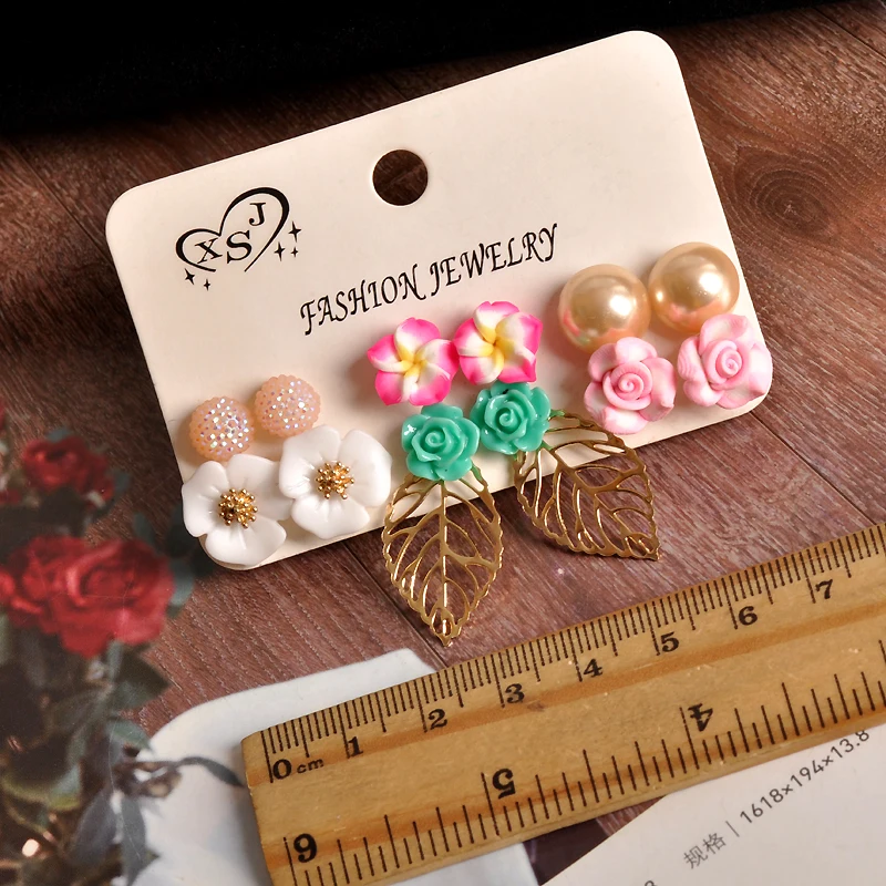 New hot fashion woman jewelry wholesale Girl Birthday Party pearl ear nail flower pattern with 6 pairs of /set lovers' Earrings |