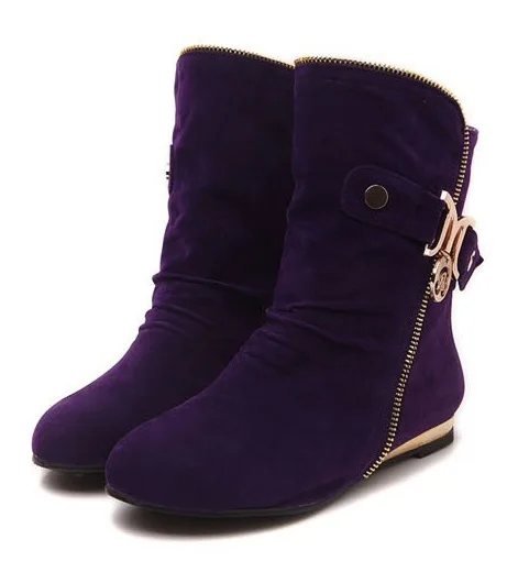 Женские ботинки из флока на плоской подошве теплые осенние до середины икры с