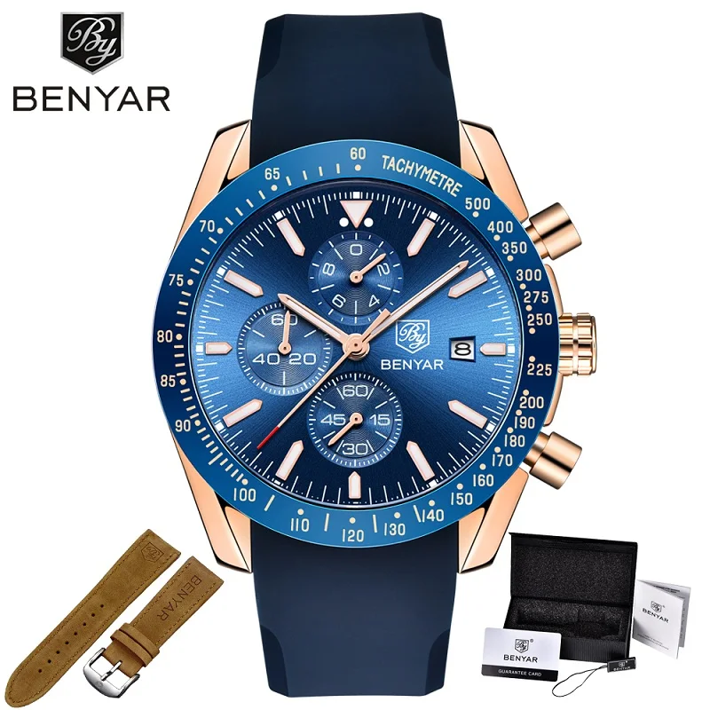 Gold Blue As shown BENYAR, мужские часы, брендовые, Роскошные, силиконовый и стальной ремешок, наручные часы, мужские, кожаный Хронограф, кварцевые, военные часы, Relogio Masculino - Цвет: Gold Blue As shown