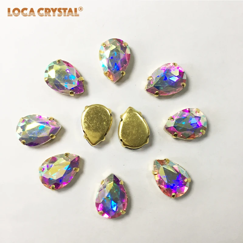 Стеклянные камни в форме капли кристаллов пришивные стразы с золотым когтем 13*18