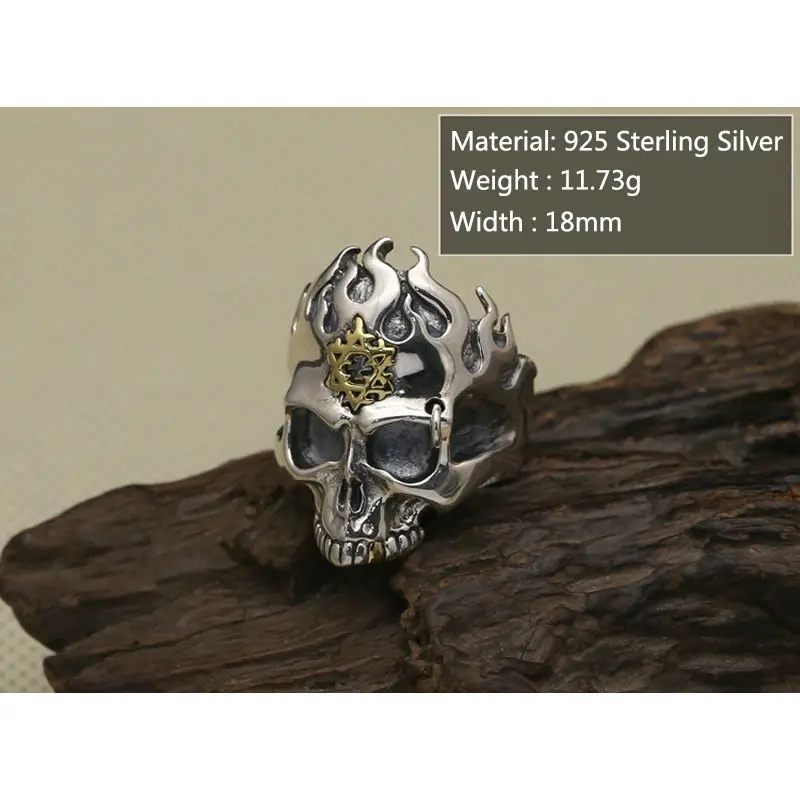 

Pure 925 Sterling Silver Ring Raging Fire Skull Pirate Skeleton Punk Jewelry Width Version 297