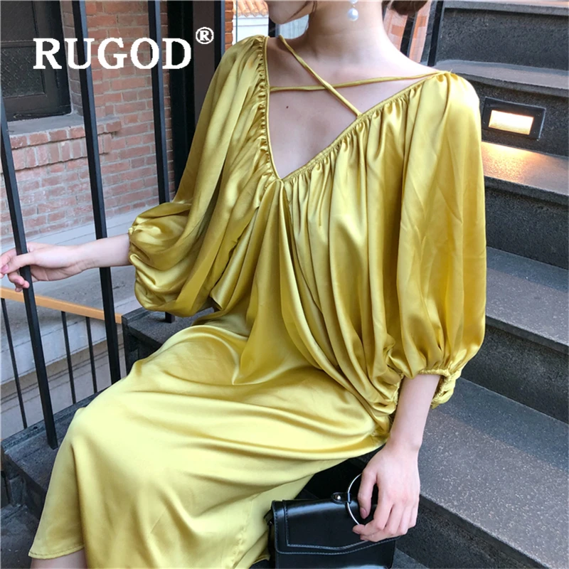 RUGOD винтажный прочный фонарь с длинным рукавом женское элегантное свободное платье миди с открытой спиной vestidos модное синее летнее платье