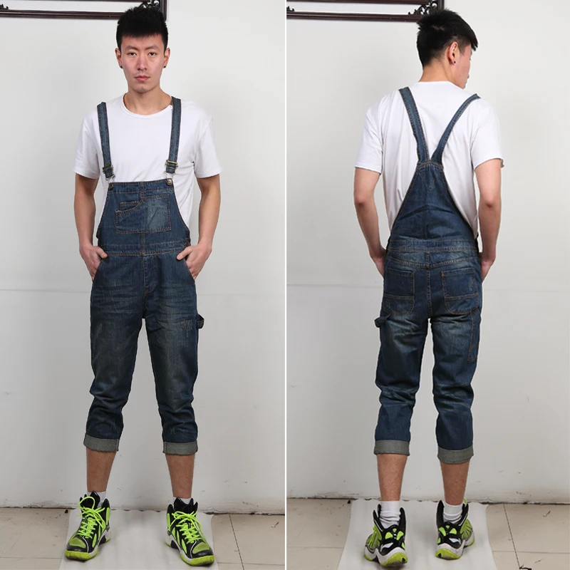 

Plus Size 8XL Men calf length blue Denim Jumpsuits Fashion Bib Overalls with Pockets for Male Male Jeans Suspender Bib Pants 901