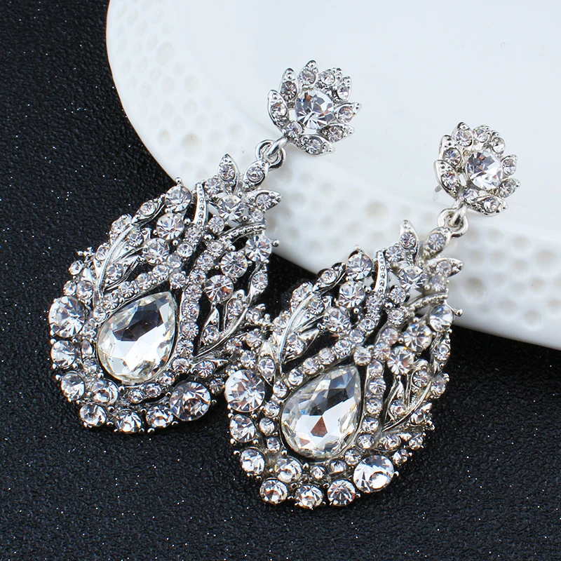 Женские длинные серьги капельки серебристого цвета с кристаллами|long earrings|long earrings