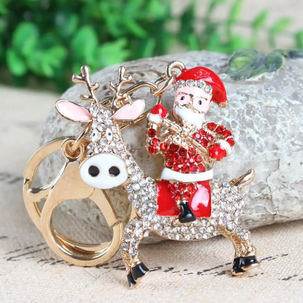

Lovely Santa Claus Ride Sheep Crystal Rhinestone Charm Pendant Purse Bag Car Key Ring Chain Creative Wedding Party Gift