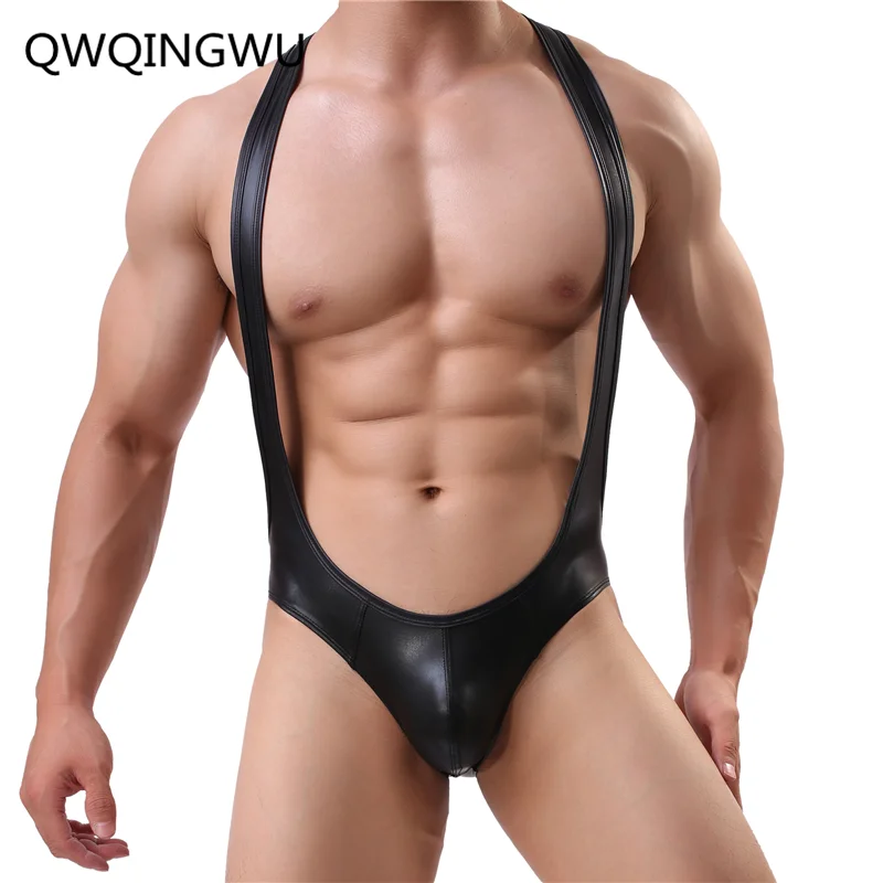 Faux Leather Men Bodysuit Shaper Sexy Body Shapewear Suit Slimming Belt Mens Bodywear Wresting Singlet Club Lingerie Shapers