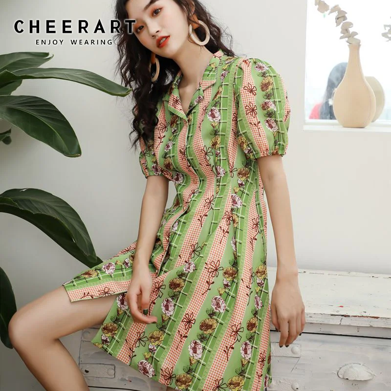 Cheerart винтажное зеленое Полосатое Цветочное платье летнее с отворотом на пуговицах с пышными рукавами дизайнерская Туника мини-платье женская одежда