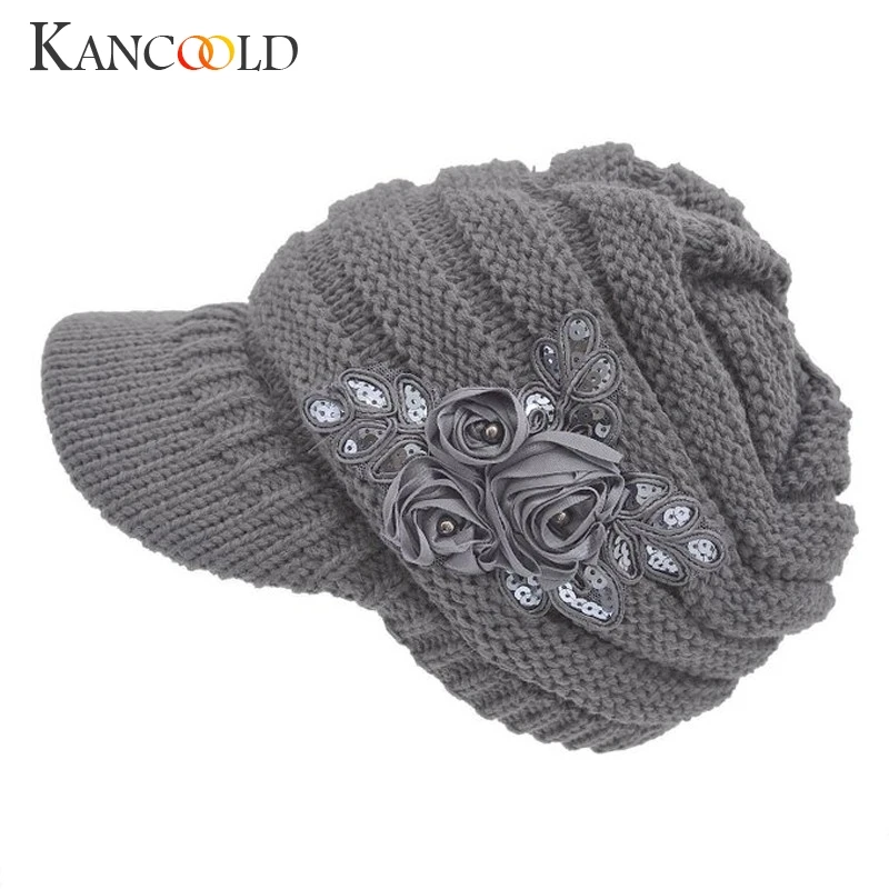Женская вязаная шапка KANCOOLD мягкая с цветочным узором и аппликацией из блесток
