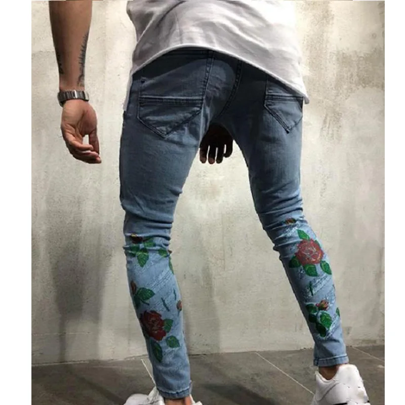 ZYFPGS Для мужчин печати Slim Fit джинсы мыть ноги блестящие джинсовые штаны эластичный