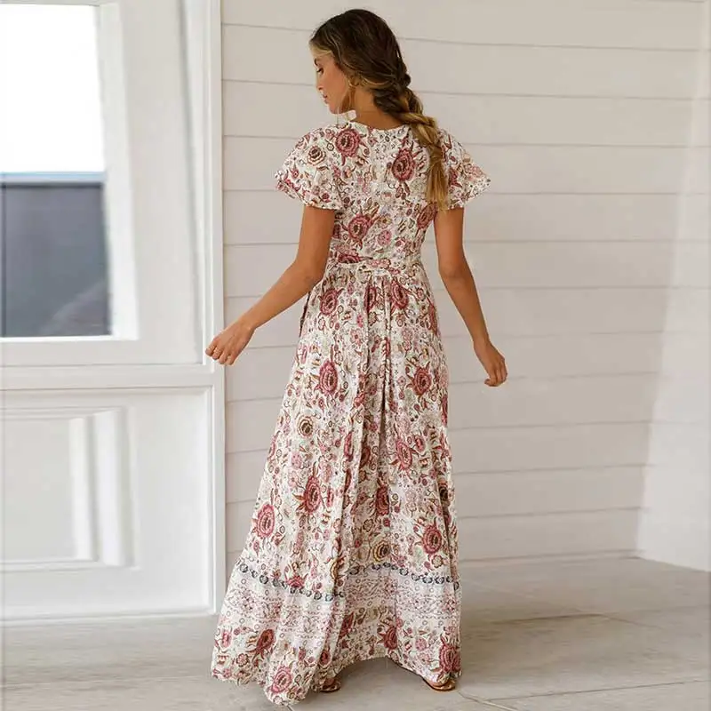 Женское платье с v образным вырезом и поясом розовое Повседневное Платье макси