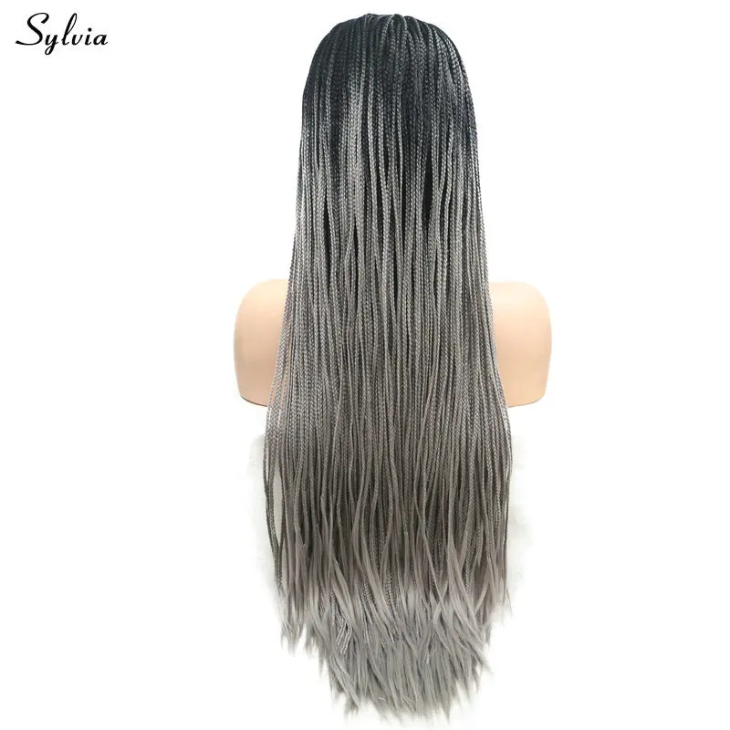 Sylvia Braided Box Braids Wig Black Roots Ombre Purple Red Grey Synthetic Lace Front Wigs For Women Long Afro Party Cosplay Hair | Шиньоны и
