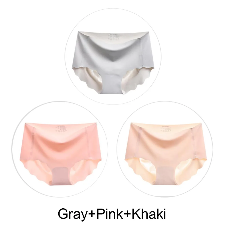Gray-Pink-Khaki 3 шт. бесшовные трусы, нижнее белье для женщин, сексуальные трусики, одноцветные мягкие трусики для женщин, предотвращающие прилипание к прямой области, Lce шелковые трусики - Цвет: Gray-Pink-Khaki